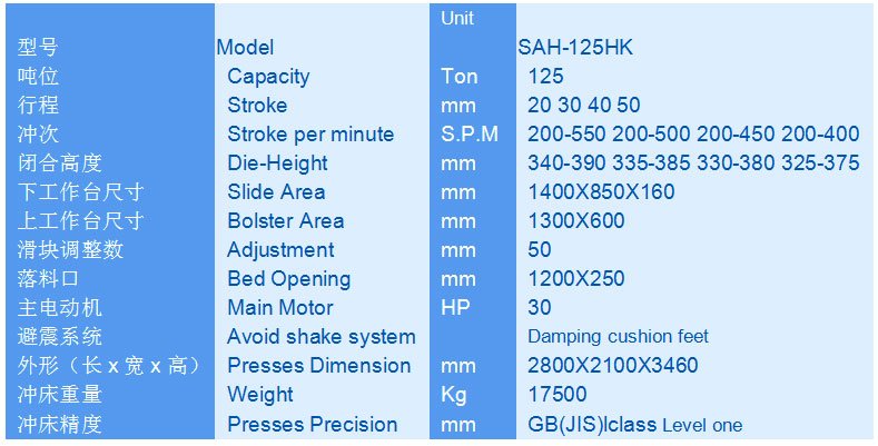 125T High Speed Stamping mechanical equipment Specifications