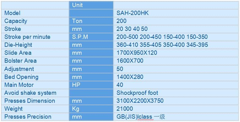 200T H-Frame High Speed Press spec sheet